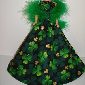 Handmade 11.5&quot; fashion doll clothes - black, green and glittery gold shamrock print gown with green boa