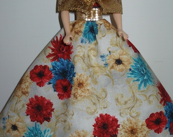 Handmade 11.5 " Fashion doll clothes - cream with red, blue and gold floral print gown w/rhinestone buckle and gold wrap
