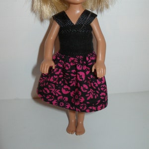 Handmade 5.5&quot; little sister fashion doll clothes fits Chelsea - black and hot pink floral print dress