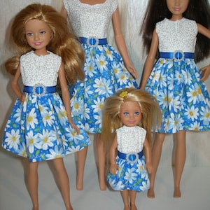 Handmade 11.5&quot; fashion doll and sisters clothes - 4 fashion doll sisters blue and white daisy dresses