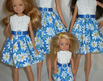 Handmade 11.5" fashion doll and sisters clothes - 4 fashion doll sisters blue and white daisy dresses