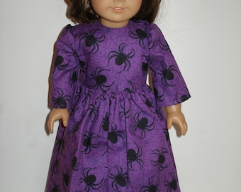 Handmade dress for 18 inch dolls fits like an American Girl doll clothes - Purple and black spiders long witches dress  w/black boots