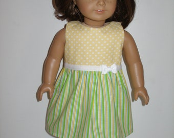 Dress for 18 inch dolls   - yellow and green stripe print with white shoes