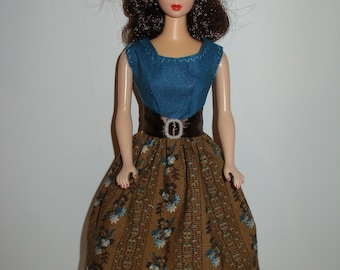 Handmade 11.5" fashion doll clothes - Teal Bodice w/Brown and Teal Floral Stripe Print Skirt Dress
