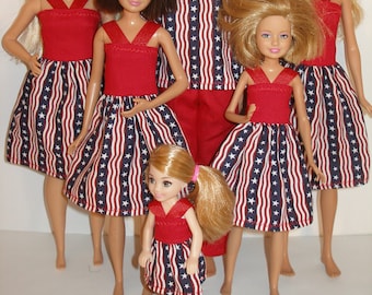 Handmade 11.5" fashion doll and sisters clothes  - red, white and blue patriotic print dresses