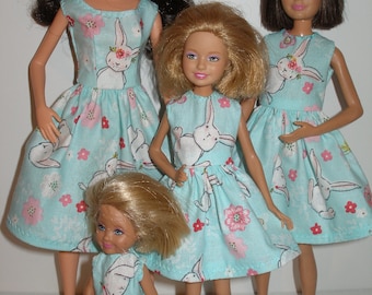 Handmade fashion doll clothes -- Sister set of 4  dresses or individual sizes -- Blue and White Bunny  Dress