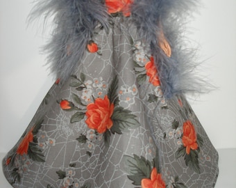 Handmade 11.5' Fashion doll clothes - gray spiderwebs and orange roses print gown with boa