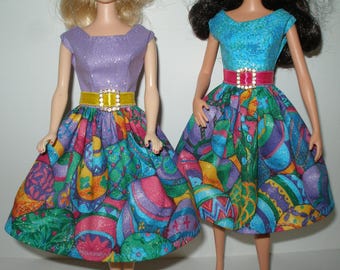Handmade 11.5" fashion doll clothes - Glitterey Easter Egg Print Dress w/Satin Ribbon Belt and Rhinestone Buckle