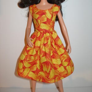 Handmade 11.5&quot; fashion doll clothes - orange and yellow print cotton dress