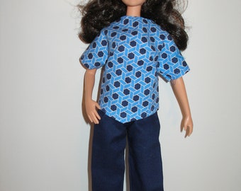 Homemade 11.5" fashion doll clothes -Navy blue pants and vintage style top