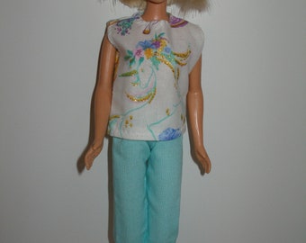 Homemade 11.5" fashion doll clothes -aqua capris and unicorn top