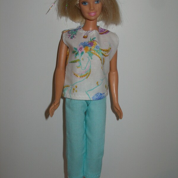 Homemade 11.5" fashion doll clothes -aqua capris and unicorn top