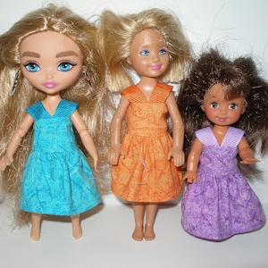 Handmade 5.5&quot; little sister fashion doll clothes fits Chelsea - blue, orange or purple print sundress