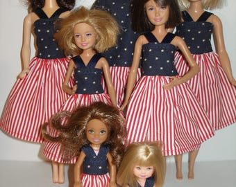 Handmade 11.5" fashion doll and sisters clothes - Stars and Stripes print dresses