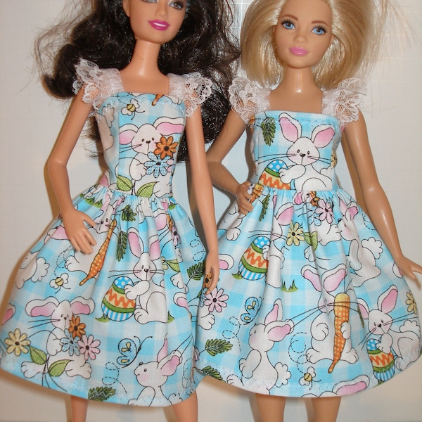 Handmade 11.5" or Curvy fashion doll clothes  - Blue Plaid Easter Bunny Dress w/lace straps