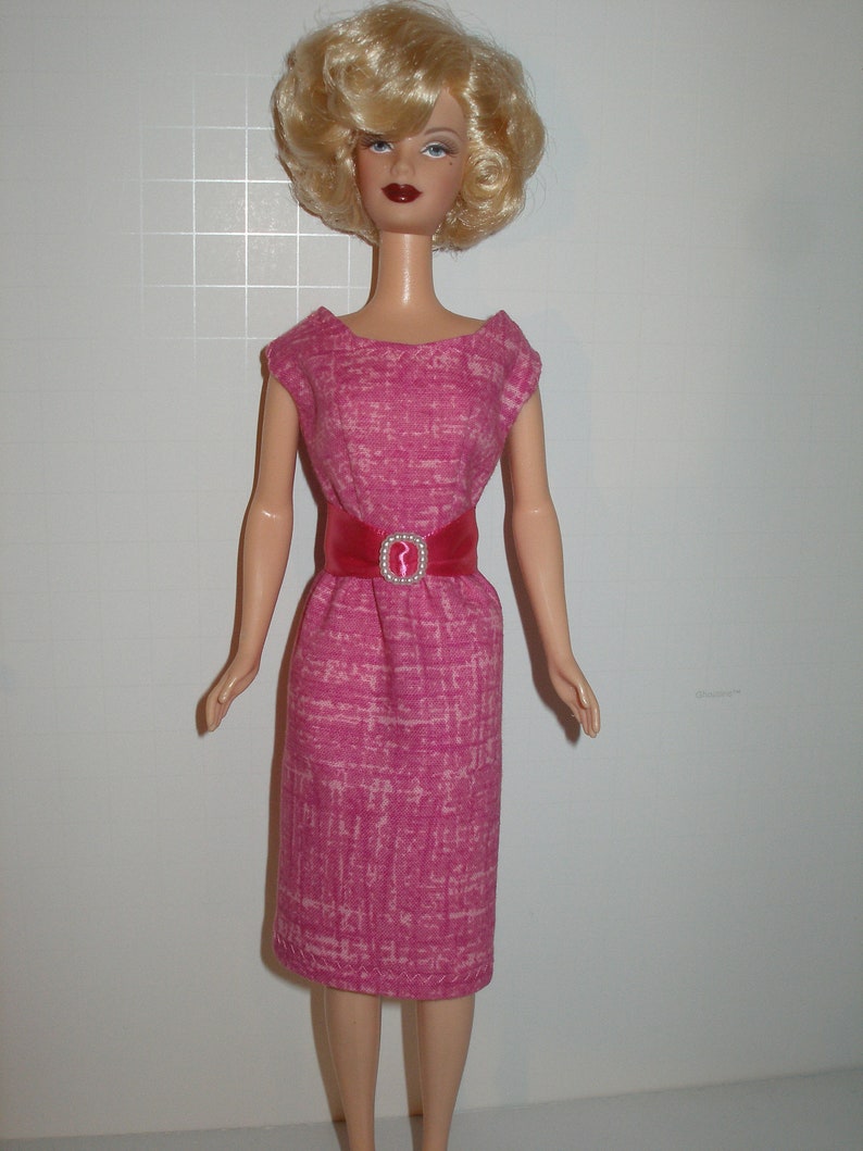 Handmade 11.5 Fashion doll clothes Your choice orange, teal or pink crosshatch print cotton sheath dress w/belt image 3