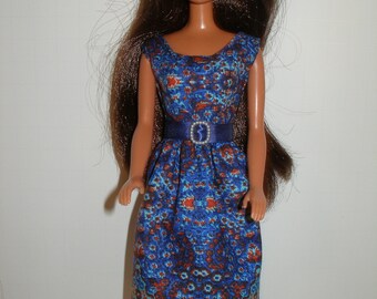 Handmade 11.5" fashion doll clothes -Navy Blue and Red Print Sheath