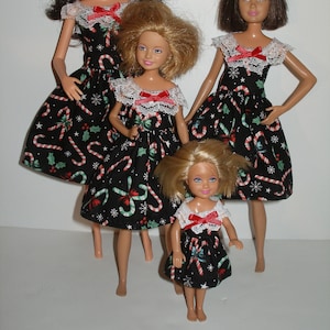 Handmade 11.5&quot; fashion doll clothes and sisters - Black, Green and Red Christmas Candy Cane print dresses