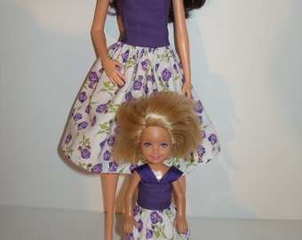 Handmade 11.5" fashion doll dress and  5.5" little sister fashion doll clothes fits Chelsea - white and purple floral