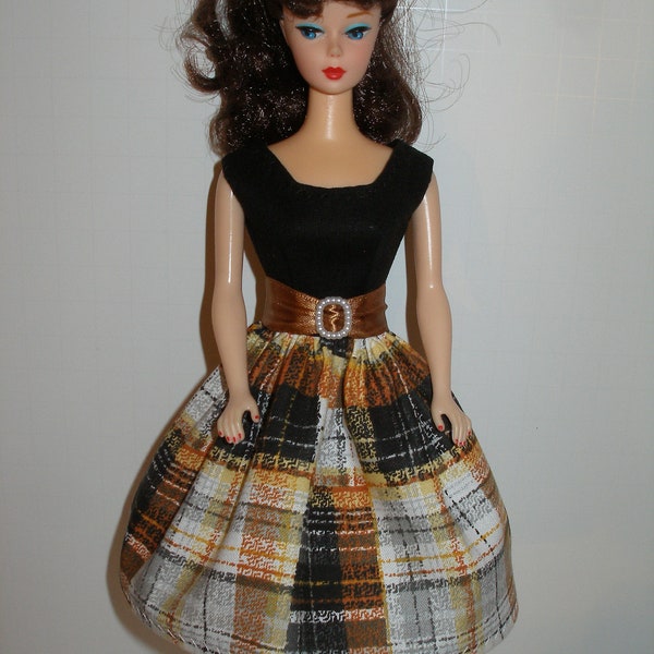 Handmade 11.5" fashion doll clothes - Black Bodice w/Cream, Brown, Gray and Black Plaid Skirt Dress