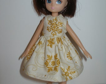Handmade 7" doll clothes for Lottie or Tutti doll - Cream and glittery gold snowflake print dress