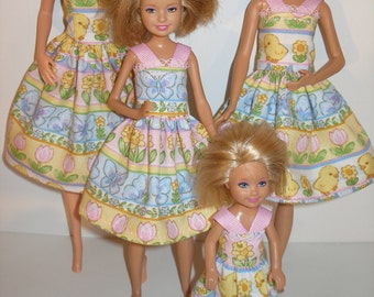 Handmade 11.5" fashion doll and sisters clothes - 4 fashion doll sisters spring Easter print dresses