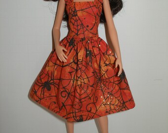 Handmade 11.5" fashion doll clothes - Glittery Orange and Black Spiderweb Print Cotton Dress