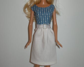 Handmade 11.5" fashion doll clothes - Blue and White Harts Stripe Print Bodice/White Skirt