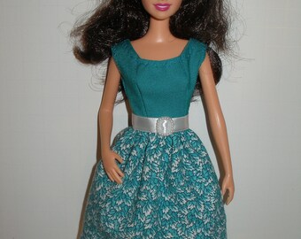 Handmade 11.5" fashion doll clothes  - Teal and White Leaves Print Skirt Dress