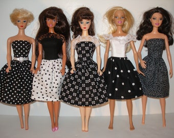 Handmade 11.5" Fashion Doll clothes - mixed lot of 5 black and white print dresses