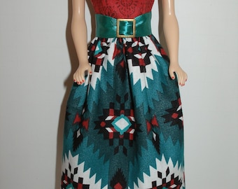 Handmade 11.5" fashion doll clothes - Teal and Rust Southwest print dress