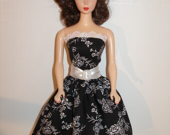 Handmade 11.5" fashion doll clothes -  Black and White Strapless Rose Print Dress