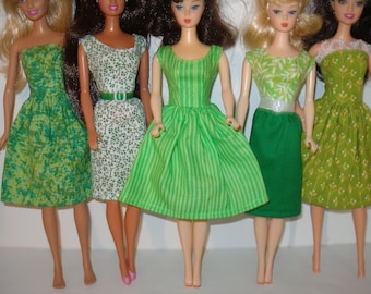 Handmade 11.5" fashion doll clothes - mixed lot of 5 green print dresses