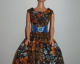 Handmade 11.5" fashion doll clothes - Brown and Blue Fall Print Dress