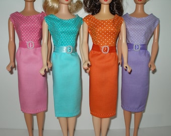 Handmade 11.5" fashion doll clothes - Choice of Orange, Aqua or Pink and White Pin Dot Bodice/Solid Matching Skirt Sheath