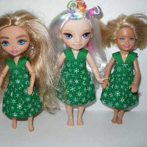 Handmade 5.5&quot; little sister fashion doll clothes - green and white snowflake print dress