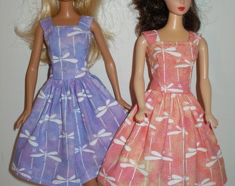 Handmade 11.5" fashion doll clothes - Choice of Purple or Peach Dragon Fly Print Dress