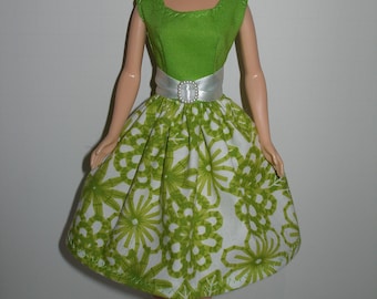 Handmade 11.5" fashion doll clothes - Green and White Floral Dress