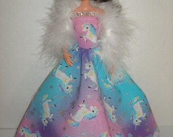 Handmade fashion doll clothes - Regular 11.5" , Curvy, Petite, Tall and little sisters - glittery unicorns gown with  boa