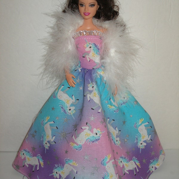 Handmade fashion doll clothes - Regular 11.5" , Curvy, Petite, Tall and little sisters - glittery unicorns gown with  boa