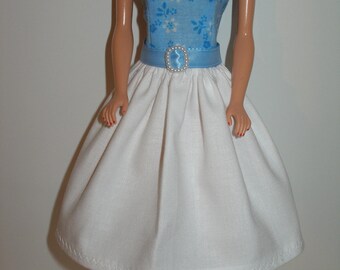 Handmade 11.5" fashion doll clothes - blue floral bodice w/white cotton skirt dress