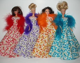 Handmade 11.5" Fashion doll clothes - your choice -  Purple, Orange, Blue or Red Fall Floral Gown with Boa