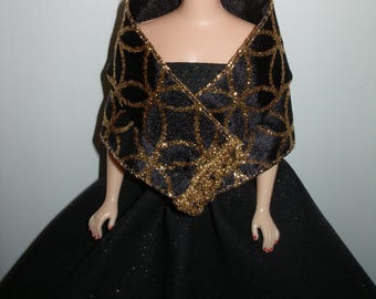 Handmade 11.5 " Fashion doll clothes - Glittery Black Cotton Gown w/glittery black and gold wrap