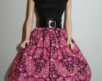Handmade 11.5" fashion doll clothes - Black Bodice w/Pink, Black and White Print Skirt Dress