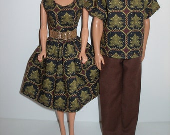 Handmade 11.5" fashion doll clothes - Matching set or individual size  - brown and green evergreen tree print
