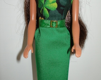 Handmade 11.5" fashion doll clothes - Black and Green Shamrock Print Bodice/Green Skirt Sheath