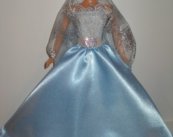 Handmade 11.5" fashion doll clothes -  Silver and Blue Satin Gown w/Blue and Silver Snowflakes  Glittery Organza Stole