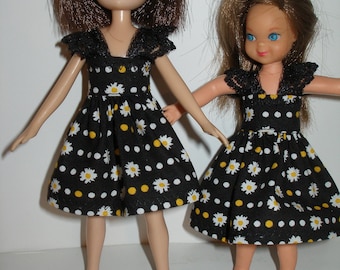 Handmade 7" doll clothes for Lottie doll or Tutti doll -  black and white daisy print dress w/black lace straps