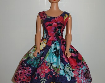 Handmade 11.5" fashion doll clothes - navy with large floral print cotton dress