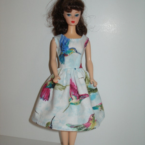 Handmade 11.5" fashion doll clothes -  pastel blue with hummingbirds print cotton dress